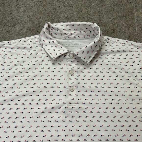 Vineyard Vines Performance Polo Shirt Men M White Blue Red Graphic Stretch - Picture 1 of 13